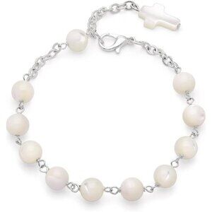 Catholic Rosary Bracelet Mother of Pearl Beads Cross Religious Gift for Women Me